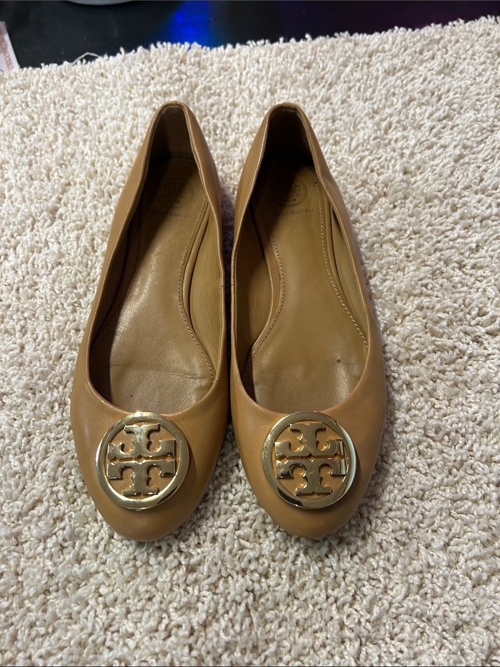 Tory Burch Caramel Leather Ballet Flats with Gold Logo